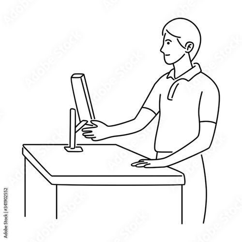 Caucasian smiling cashier standing at the checkout. Vector line art design illustration