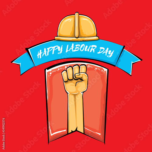 Happy labour day vector label with strong orange fist isolated on red background. vector happy labor day background with man hand. red workers may day poster