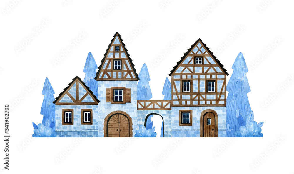 Fototapeta premium Watercolor hand-drawn street with old rural houses. Cute village street and fir trees in blue colour. Old European houses with wooden doors, tile roofs for postcards, invitation, packaging for sweets