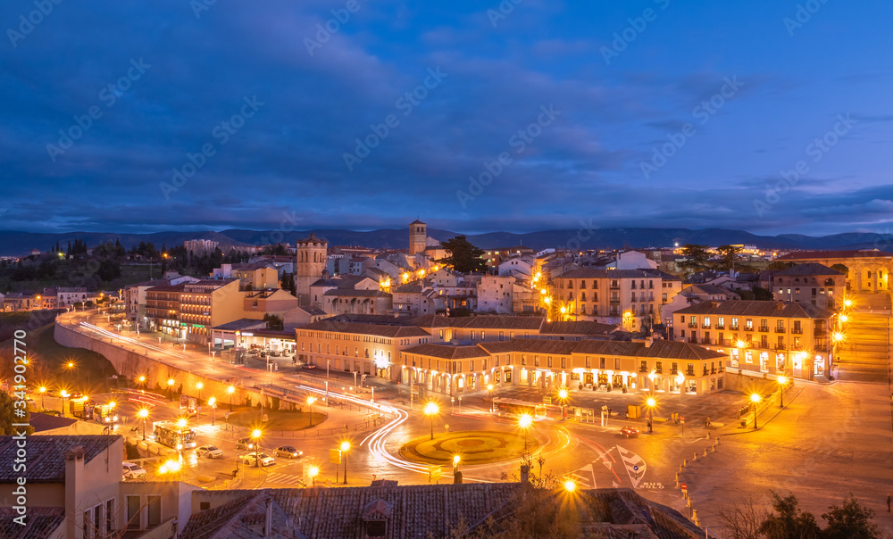 High-altitude panoramic view of night city, beautiful lights, Segovia in Spain
