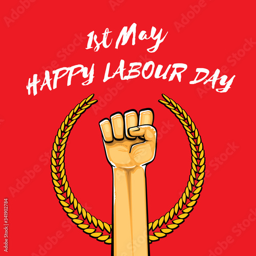 Happy labour day vector label with strong orange fist isolated on red background. vector happy labor day background with man hand. red workers may day poster