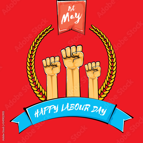 Happy labour day vector label with strong orange fist isolated on red background. vector happy labor day background with man hand. red workers may day poster