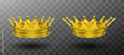 Golden crowns for king or queen set isolated on transparent background. Crowning headdress for Monarch. Royal gold monarchy medieval coronation symbol, imperial sign. Realistic 3d vector illustration