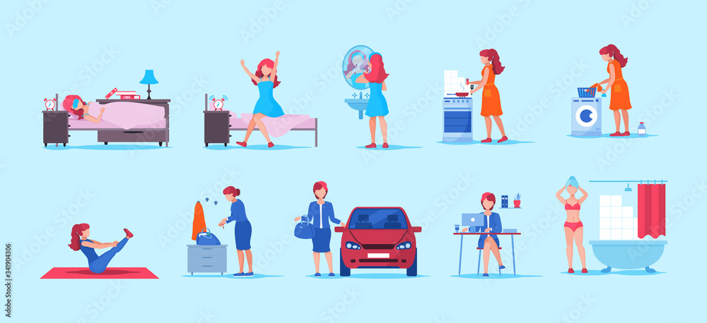 Young woman, office worker and housewife everyday life.