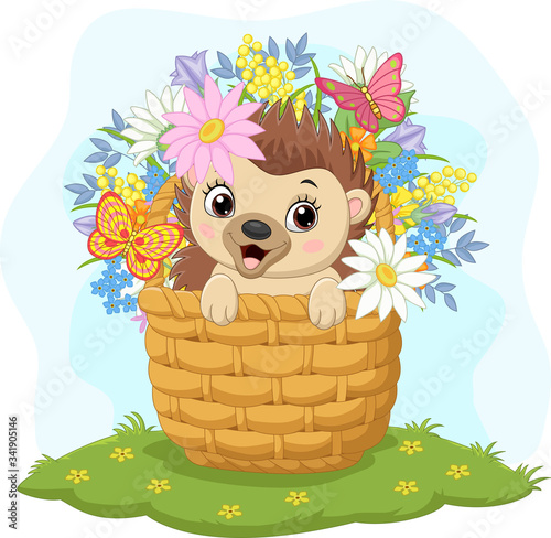 Cartoon baby hedgehog in the basket