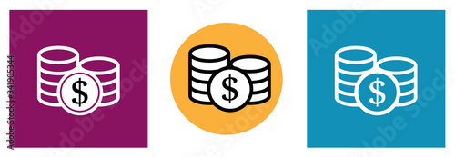 Set of modern big coin icons in different colors. Pile of coins in yellow circle, red and blue square. Linear icon.