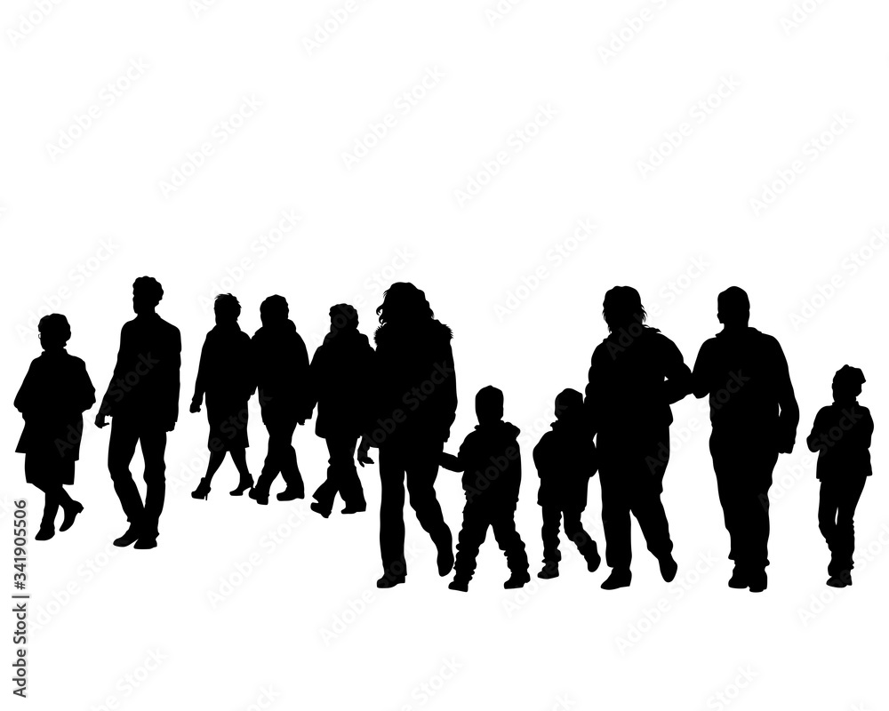 Big crowds people on street. Isolated silhouette on a white background