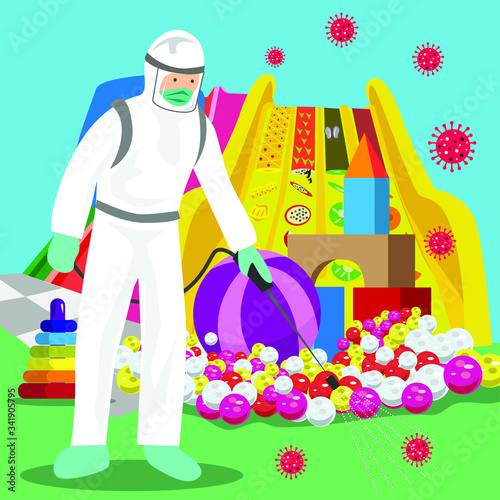 Vector illustration of a coronary injection (Covid-19) personnel sterilizing spray in the playroom.