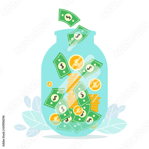 money jar. Savings and investing money coins. Finance, Investment. jar, piggy bank with money, woman take Money. for Jar Making Saving, Deposit Web Page Banner. Cartoon Flat Vector Illustration