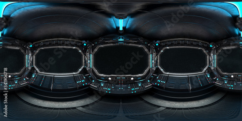 Fototapeta Naklejka Na Ścianę i Meble -  High resolution HDRI panoramic view of dark spaceship interior. 360 panorama reflection mapping of a futuristic spacecraft room 3D rendering