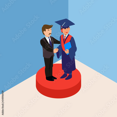 Isometric Vector Illustration Representing An Inauguration with a Graduate That is Shaking Hands During Graduation Ceremony