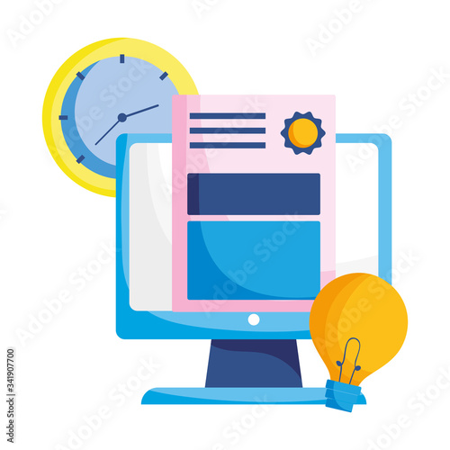 Isolated computer light bulb clock and diplom vector design