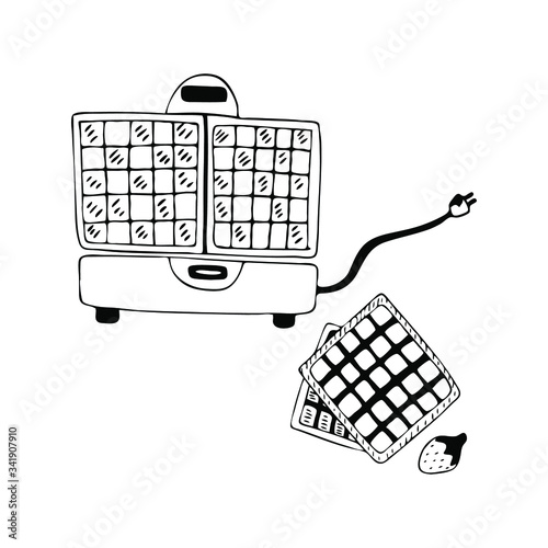 Hand drawn waffle iron maker with belgian waffles. Vector illustration. Sketch.
