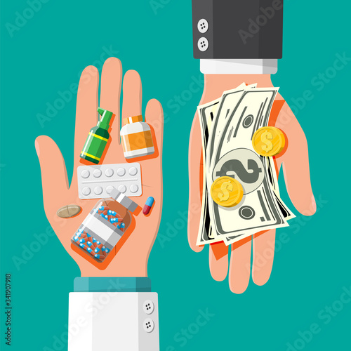 Hand with pile of money and bottles of drugs and pills. Health insurance and healthcare. Buying and selling drugs. Pharmacy shop. Vector illustration in flat style