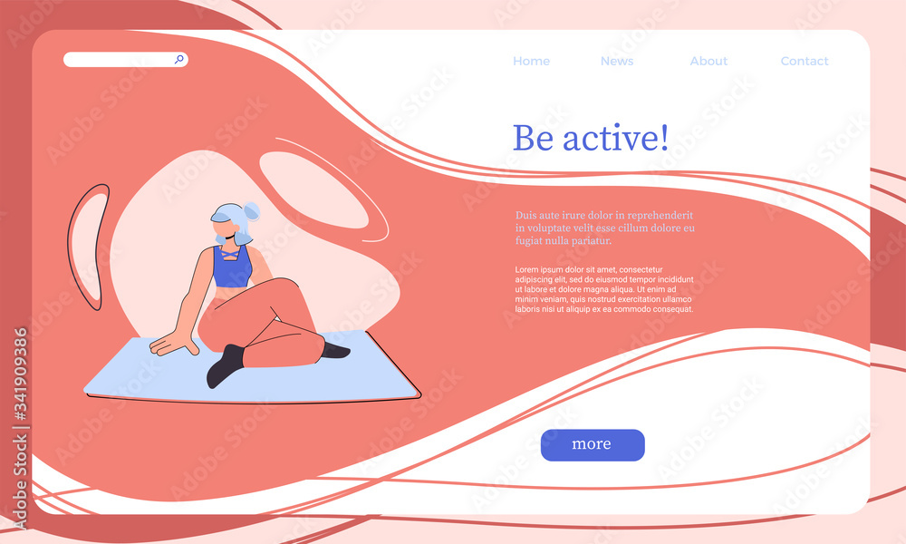 Banner for a site about sports, yoga and meditation. The girl is interested in fitness and yoga. Flat vector illustration of an active female student playing sports. Website design