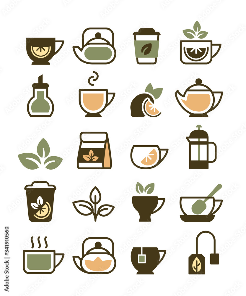 tea cups icons. symbols of hot drinks green tea and coffee leaves kettle and cups vector illustration