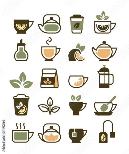 tea cups icons. symbols of hot drinks green tea and coffee leaves kettle and cups vector illustration