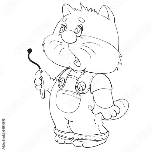 a kitten is standing in his pants, confused and holds a burnt match in his paws, a figure in the outline, isolated object on a white background, vector illustration,