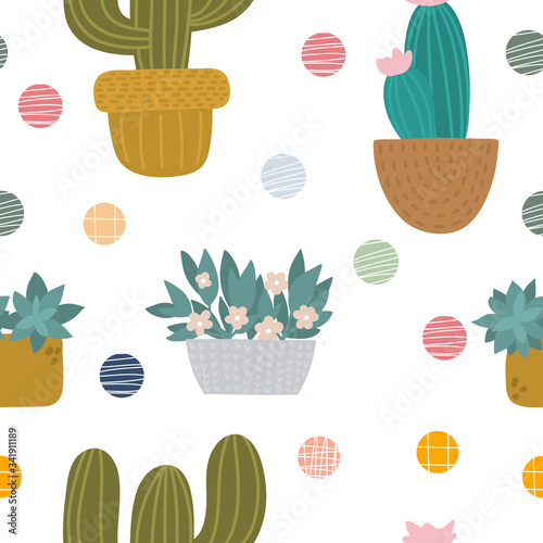 Plants in pots hand drawn seamless vector fill. Cute childish drawing. Baby wrapping paper, textile, vector illustration