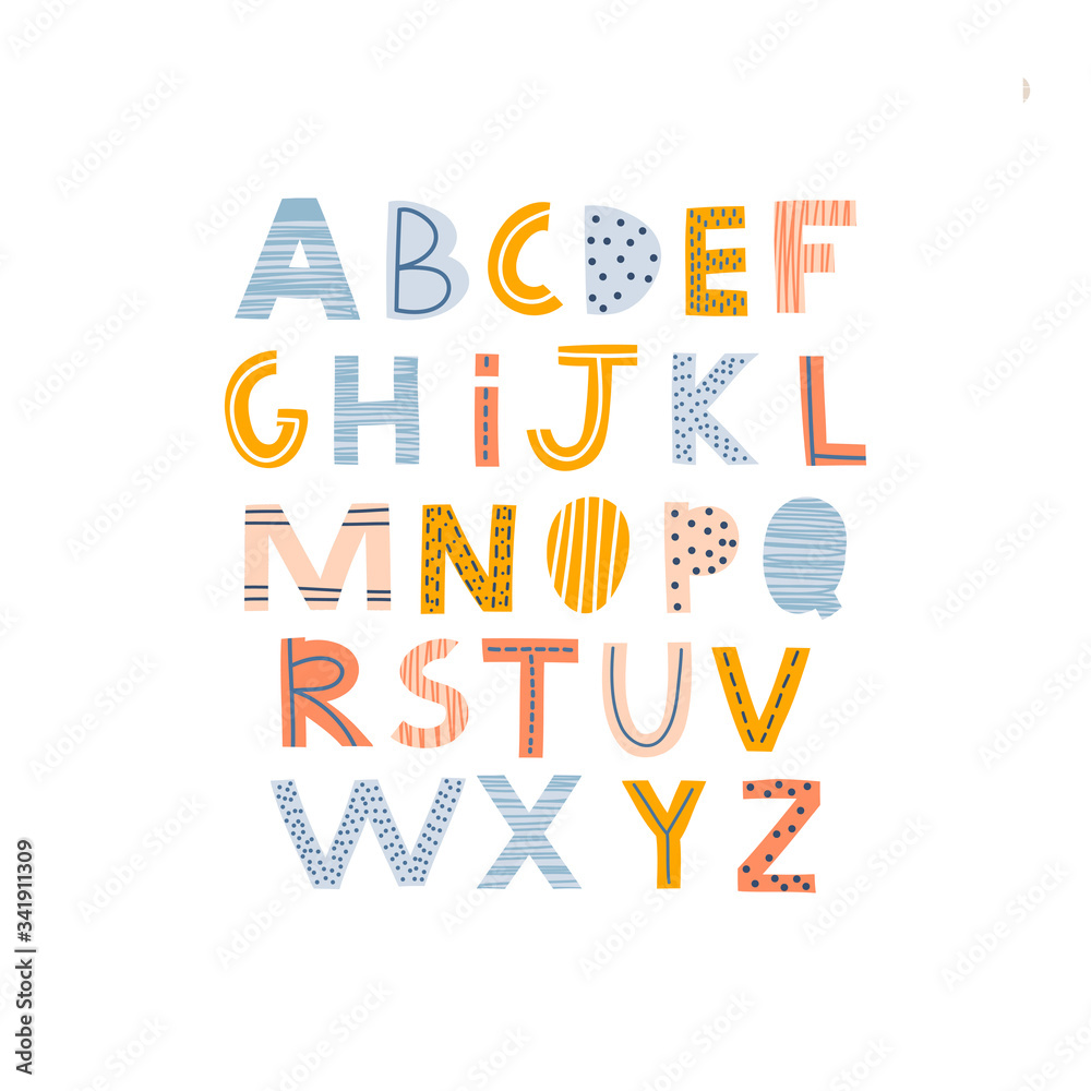 Abstract decorative English alphabet. Creative  cute Kids font. Ideal for education, home decor. Vector Illustration can be used for quotes, poster, cards and kids fashion prints.