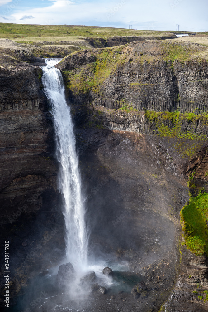 View of the landscape of the Haifoss waterfall in Iceland.