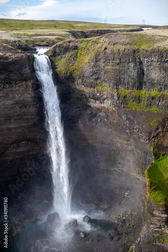 View of the landscape of the Haifoss waterfall in Iceland.