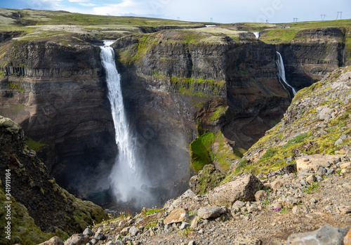 View of the landscape of the Haifoss waterfall in Iceland.