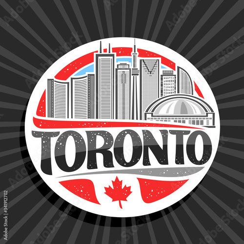 Vector logo for Toronto, white decorative round tag with line illustration of modern toronto city scape on day sky background, design tourist fridge magnet with unique letters for black word toronto.