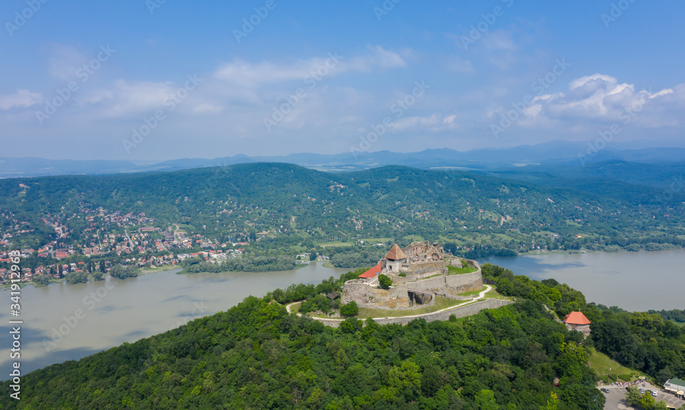 Visegrad High Castle in Danube Bend (Dunakanyar), Hungary aerial 4K bright stock photo.