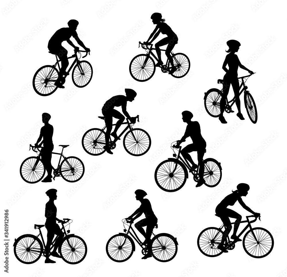 Obraz premium A set of bicyclists riding bikes and wearing a safety helmet in silhouette