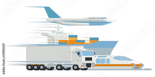A logistics distributor transport freight concept featuring a cargo ship, air plane, truck and train.