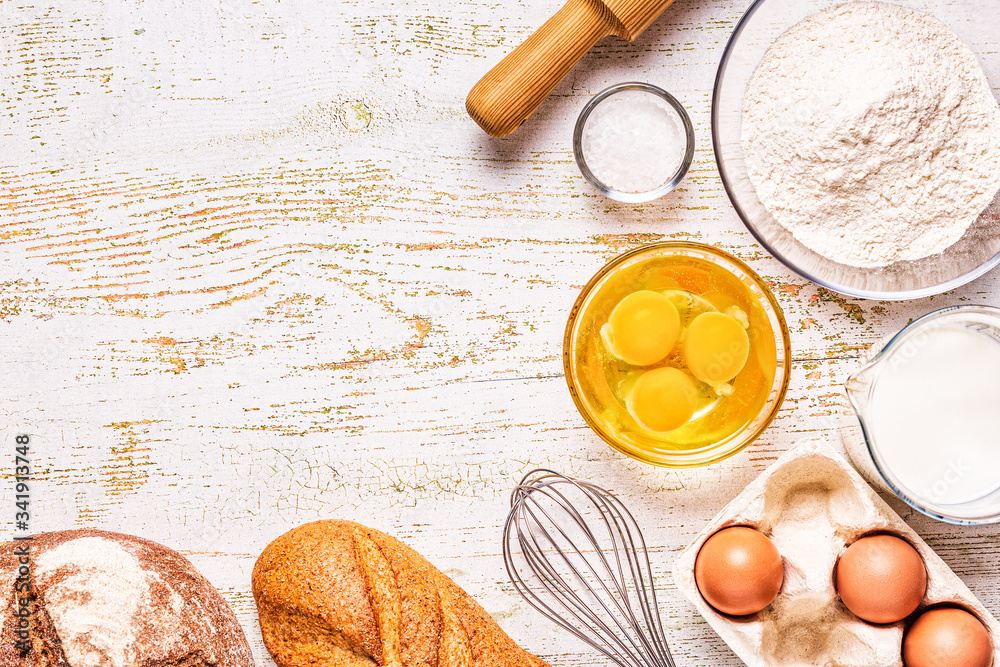 Bakery products -flour, eggs, milk. Bakery products -flour, eggs, milk.