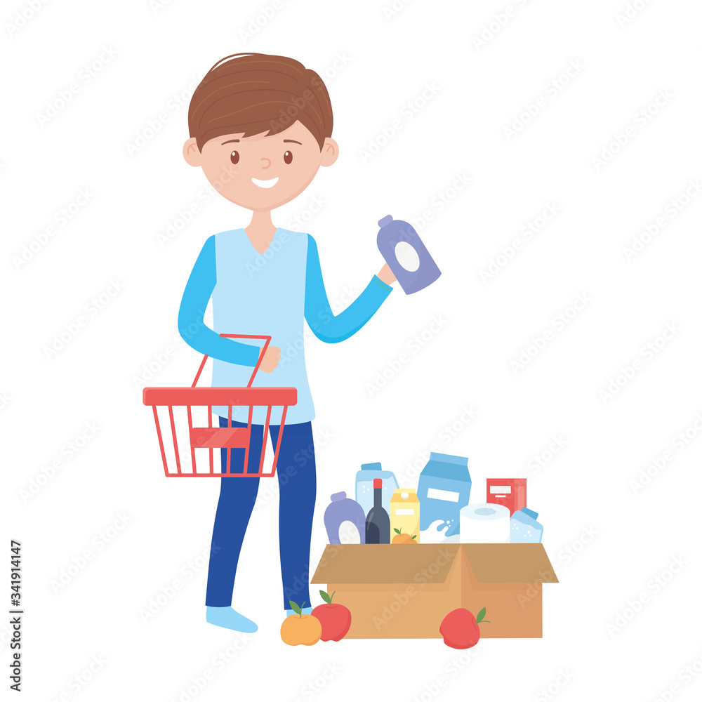 Man shopping with basket box and products vector design