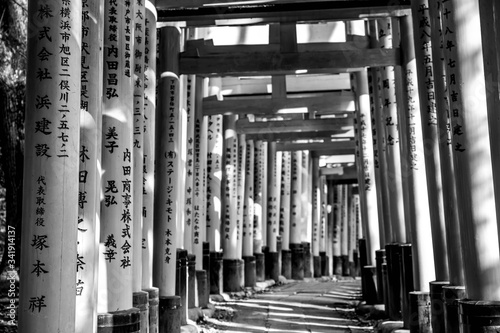 Red wooden torii Gate at Fushimi Inari Shrine in Kyoto, Japan. One of the popular site in Kyoto. Picture in black and white. © aey_aeypix