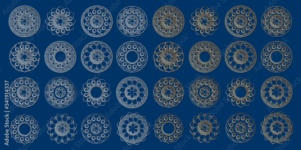 Arabesque design , 3D ramadan arabic round golden and silver shapes, Islamic ornament