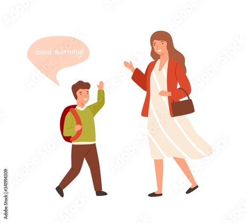 Smiling cartoon well mannered boy greeting adult woman vector flat illustration. Cartoon schooler guy waving hand to wish good morning isolated on white. Child demonstrate respectful manners
