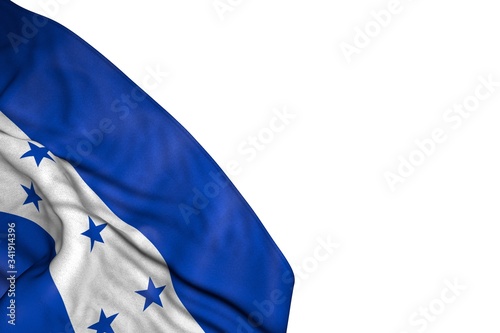 beautiful Honduras flag with large folds lay in bottom left corner isolated on white - any occasion flag 3d illustration..