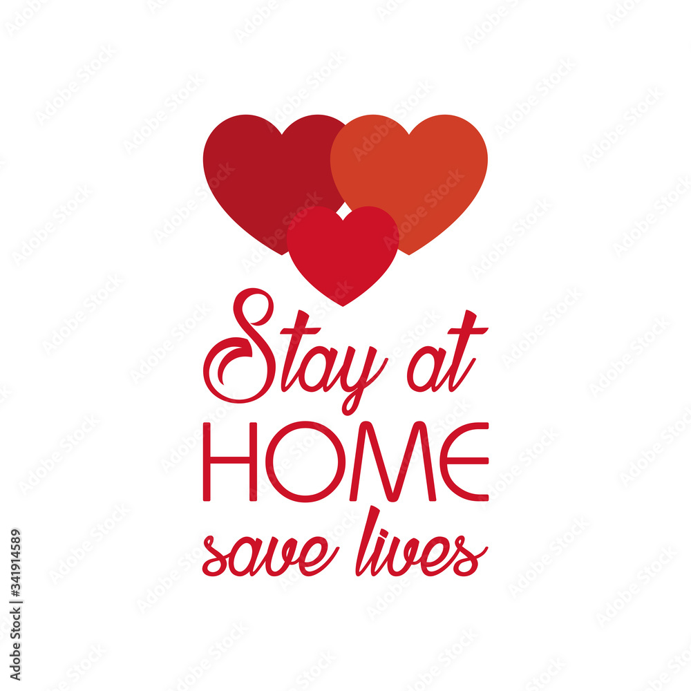 Stay home concept, red hearts and Lettering typography