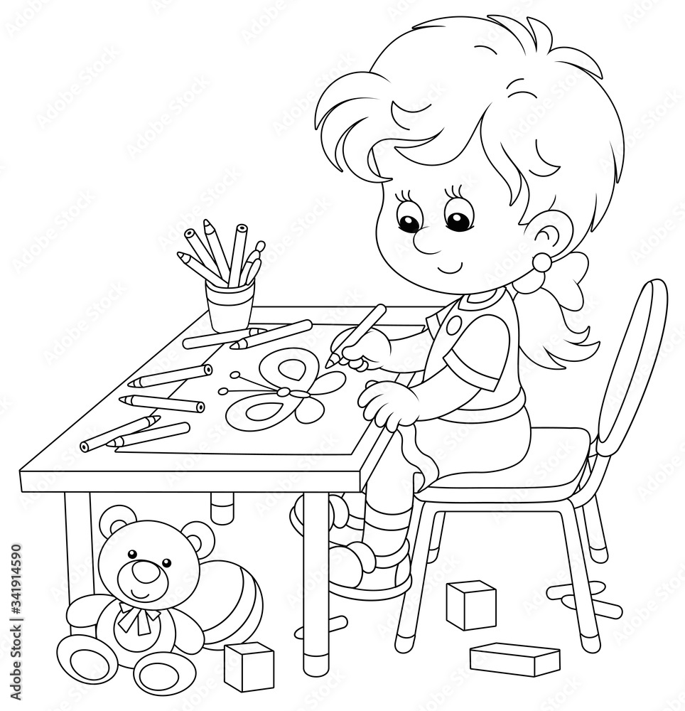 Smiling little girl sitting at her table and drawing with pencils a funny  picture of a small beautiful butterfly, black and white outline vector  cartoon illustration for a coloring book page Stock