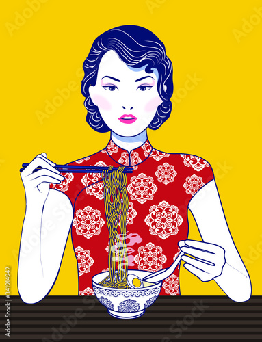 Asian woman eating Asian noodles on yellow background. Vector, illustrator.