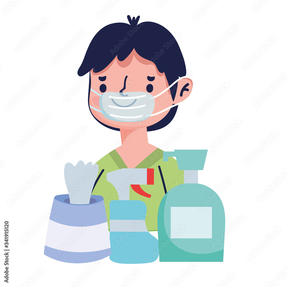 Man with mask soap bottle spray and tissues box vector design