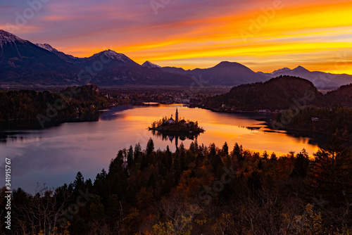 the bled lake seen from above at sunset