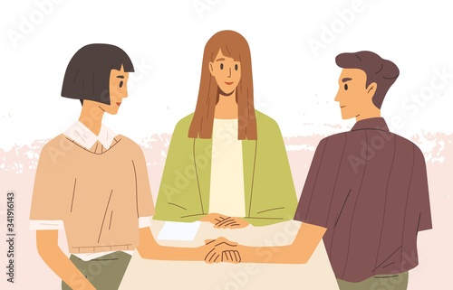 Concept of mediation. Man and woman sitting at desk, discussing problem, finding solution. Partners negotiation process with impartial arbitration. Vector illustration in flat cartoon style.