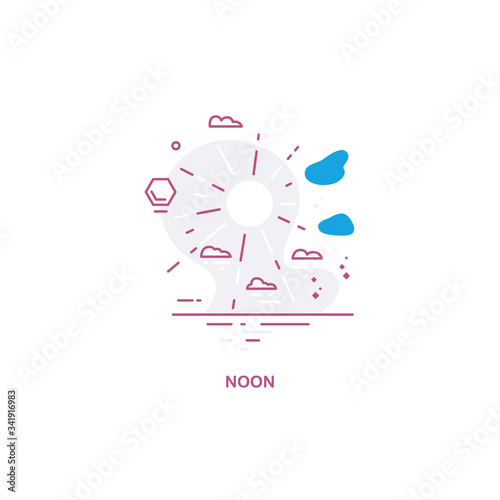 Noon conceptual illustration. A stylized image of the sun and clouds above the water. Linear flat style illustration.