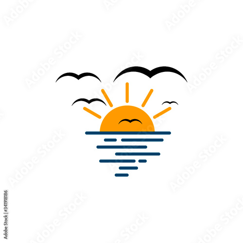 Sun sea and seagulls icon isolated on white background