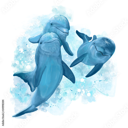 Tre delfini nuotano nel mare. Dipinto. photo