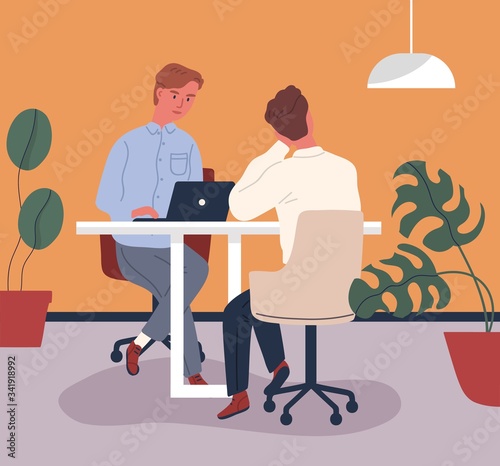 Colorful scene with colleagues sitting at table and working at coworking. Workers in cozy office. Modern comfortable freelancer workplace. Vector illustration in flat cartoon style