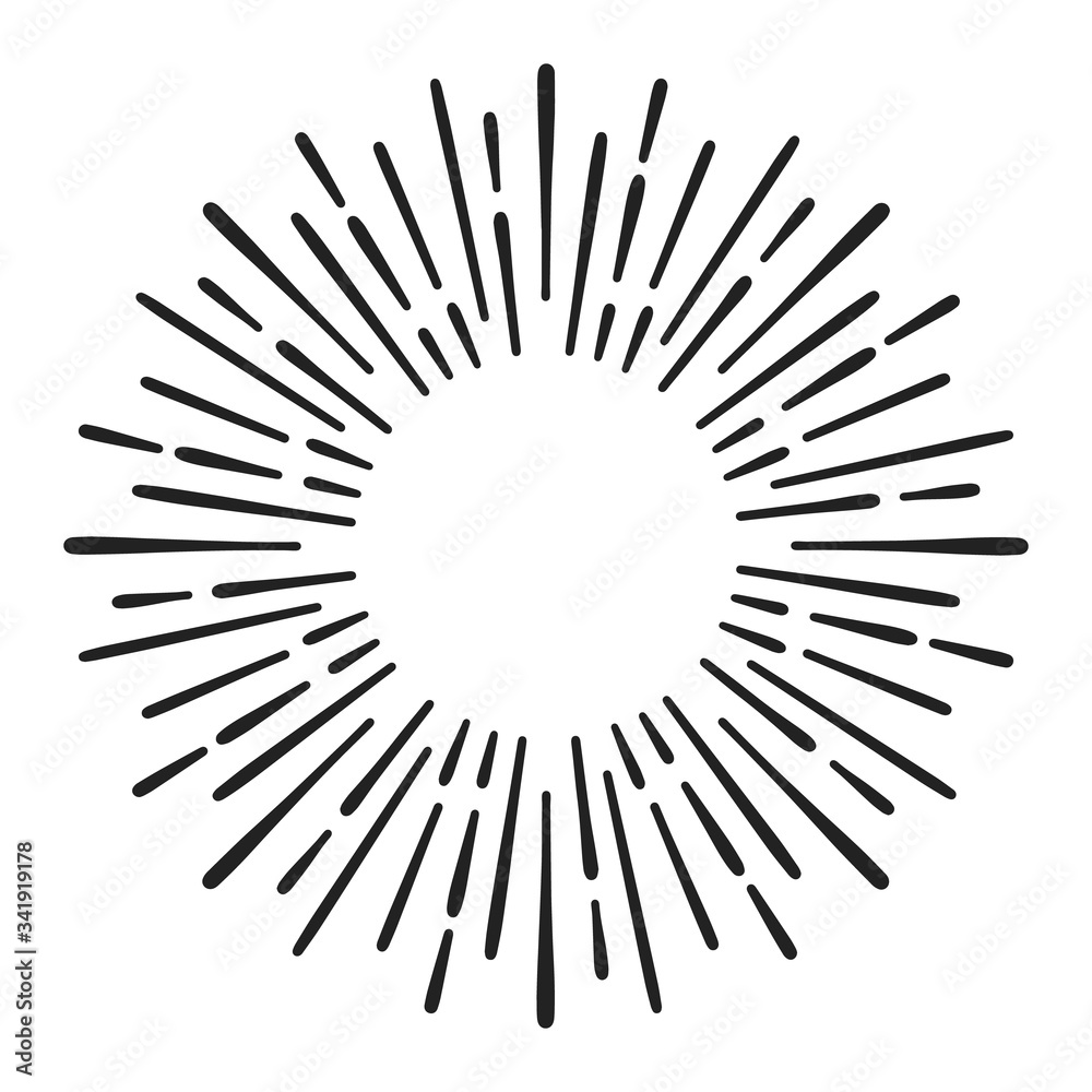 Sunburst doodle line art. Hand drawn sun burst, round banner with circle explosion. Retro sketch radial rays, black frame isolated on white background. Monochrome handmade design element - obrazy, fototapety, plakaty 