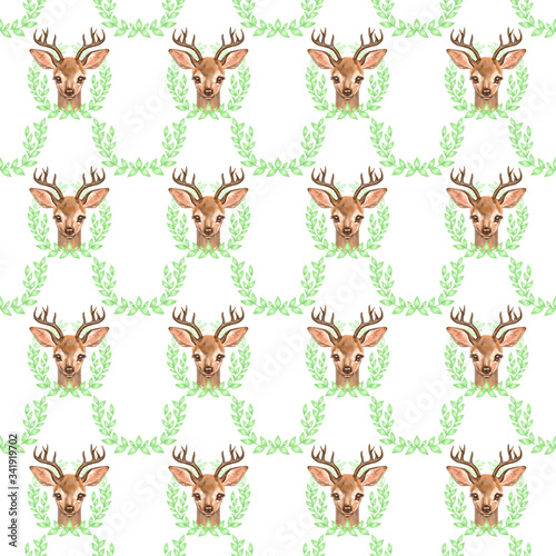 Deer seamless pattern. Cute watercolor background on white.