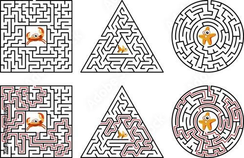 Logical game with solution. Children maze. Square labyrinth with entry and exit. Black lines on white background. Vector illustration.